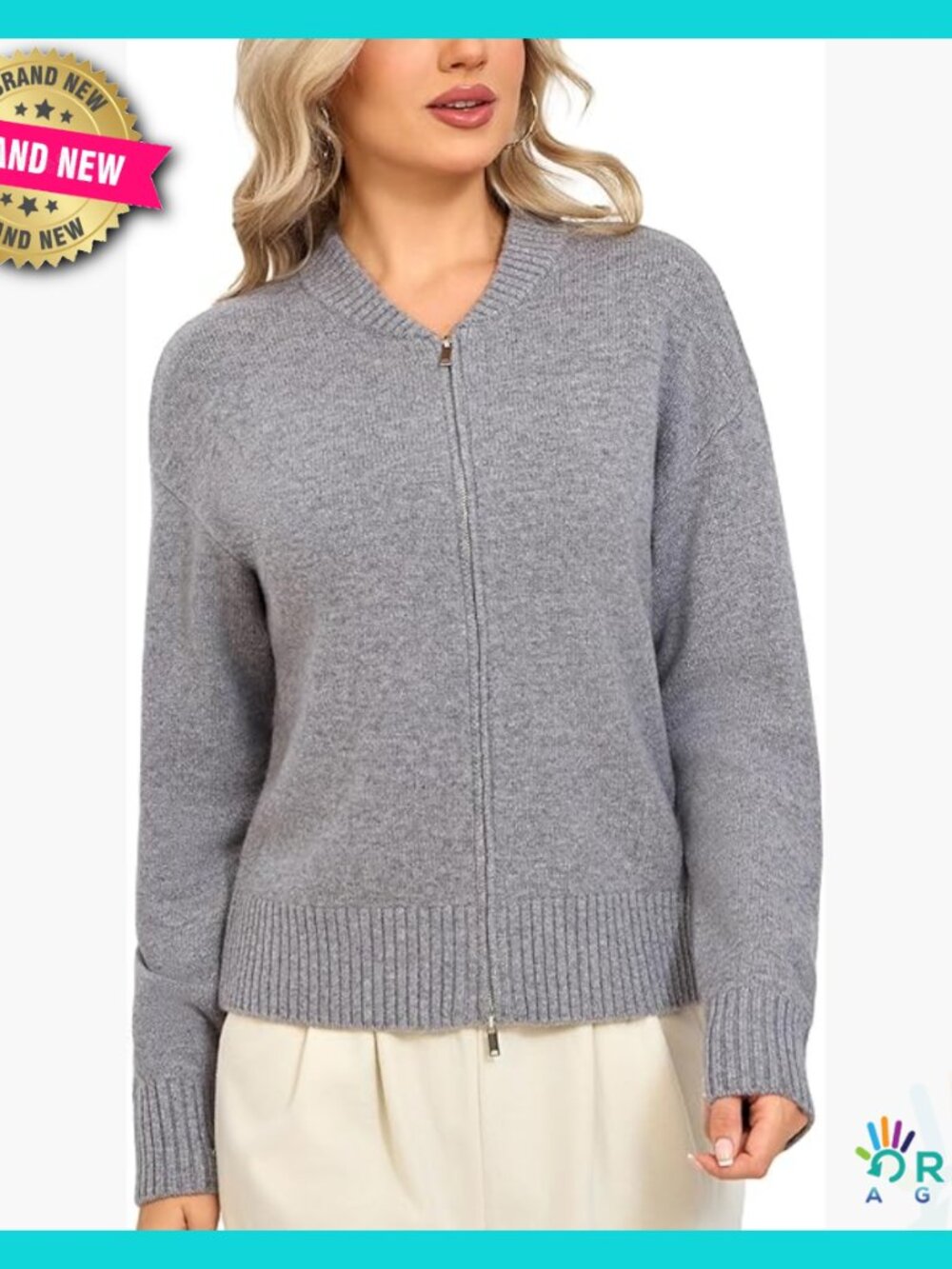 Merino Wool Cardigan Baseball Collar Chunky Knit Zip Up Sweater Loose Fit